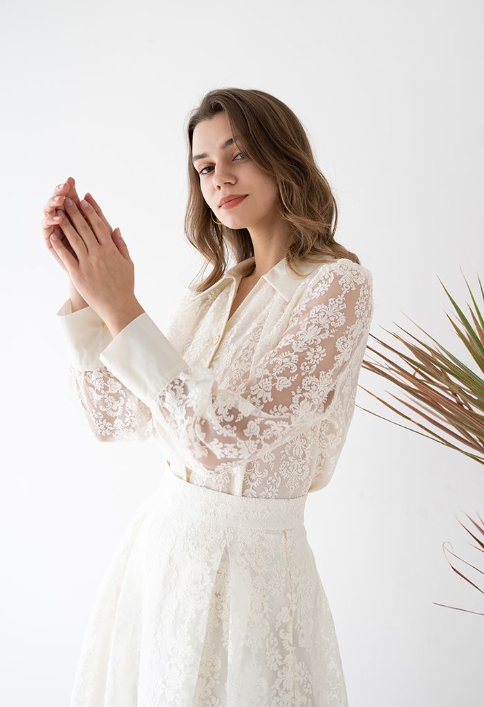 Floral Jacquard Semi-Sheer Organza Shirt in Cream