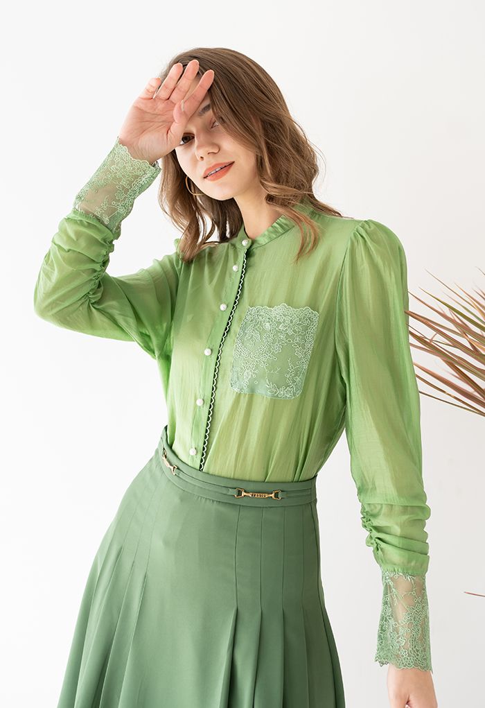 Floral Mesh Inserted Semi-Sheer Shirt in Green - Retro, Indie and ...
