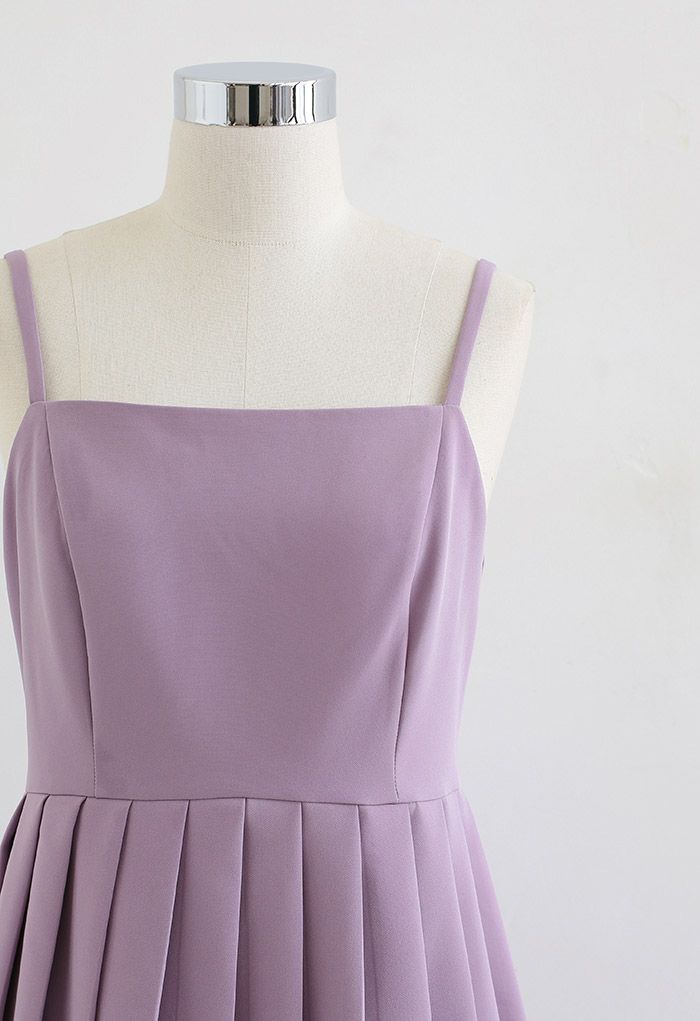 Glossy Pleated Hem Cami Dress in Lilac