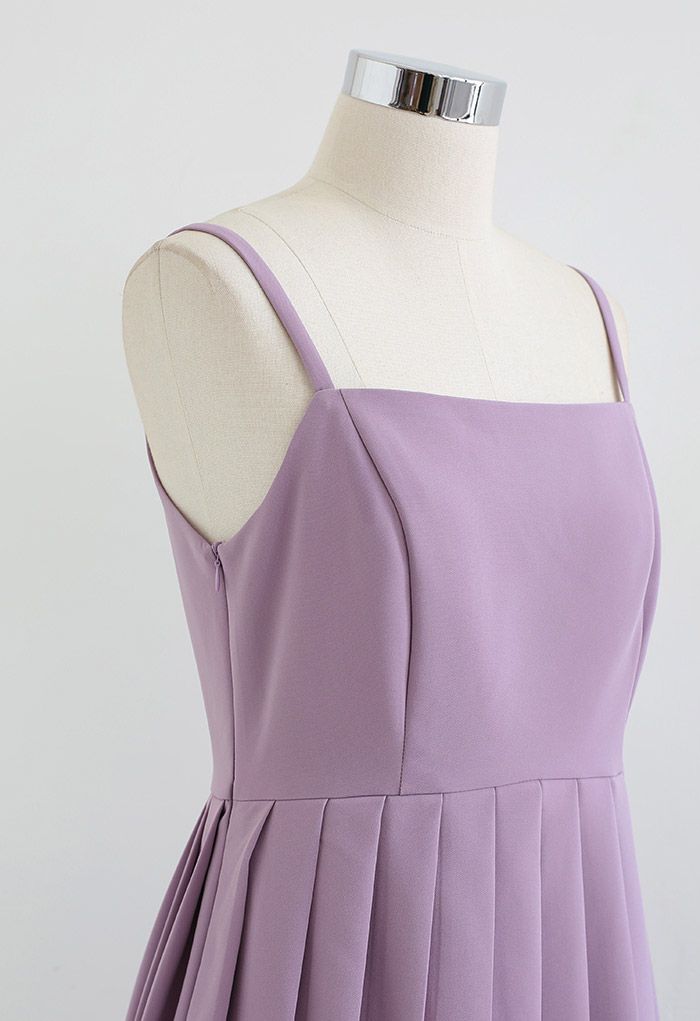 Glossy Pleated Hem Cami Dress in Lilac