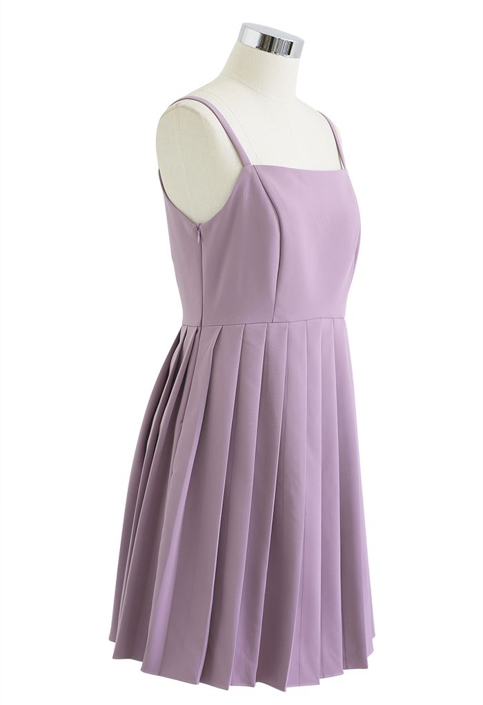 Glossy Pleated Hem Cami Dress in Lilac