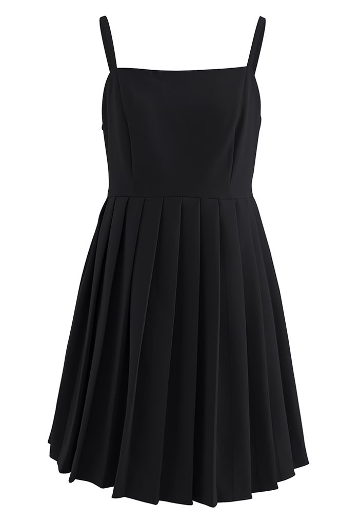 Glossy Pleated Hem Cami Dress in Black - Retro, Indie and Unique Fashion
