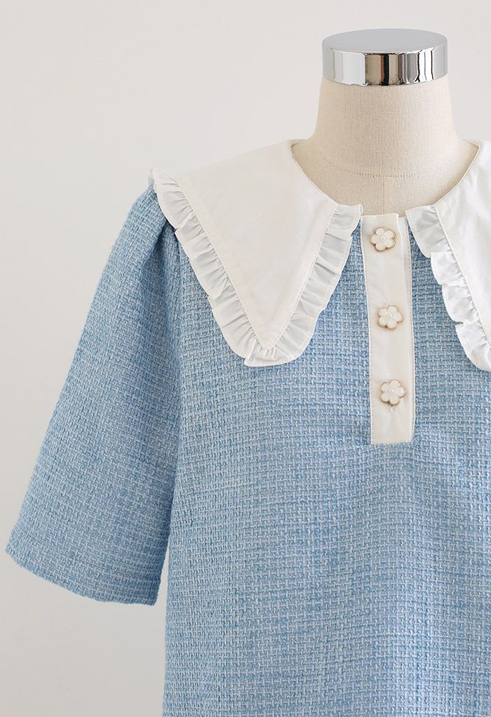 Peter Pan Collar Short-Sleeve Tweed Top in Blue