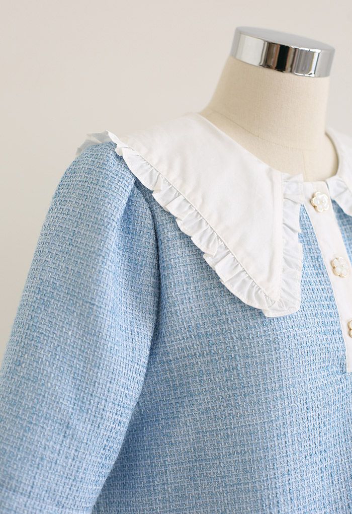 Peter Pan Collar Short-Sleeve Tweed Top in Blue