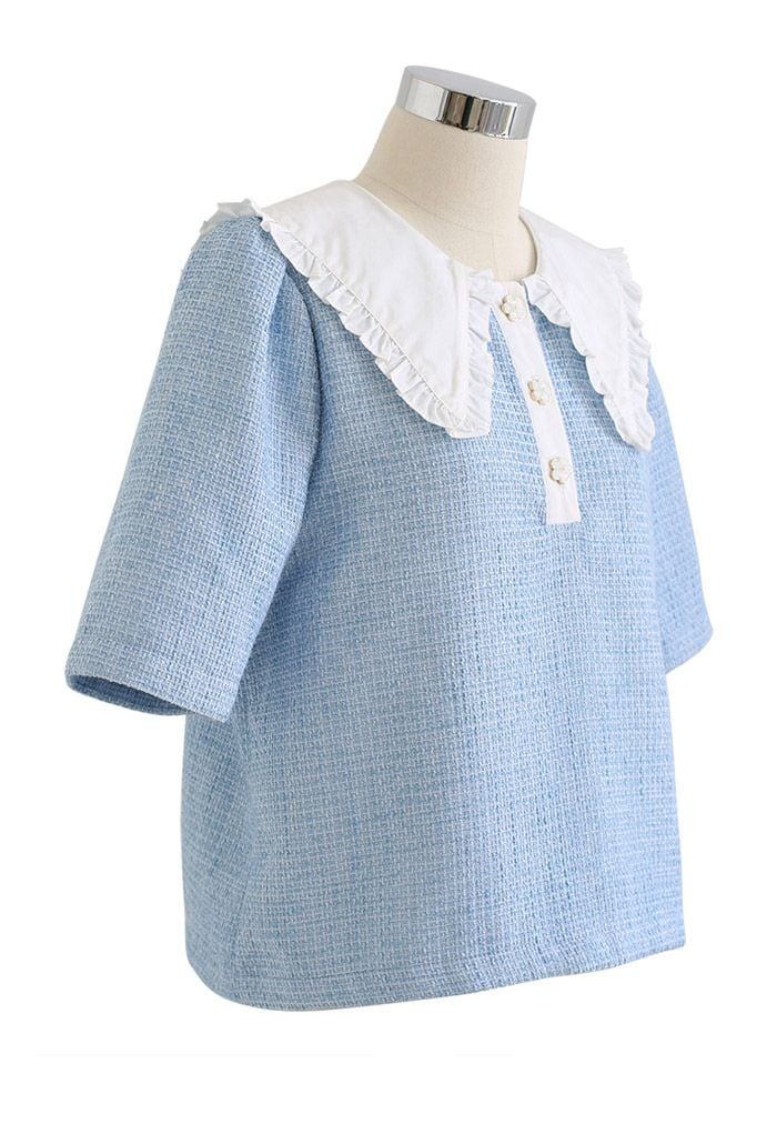 Peter Pan Collar Short-Sleeve Tweed Top in Blue