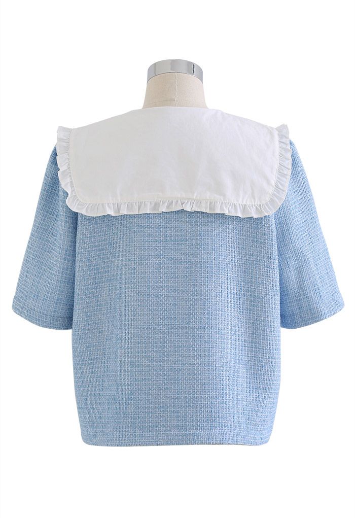 Peter Pan Collar Short-Sleeve Tweed Top in Blue