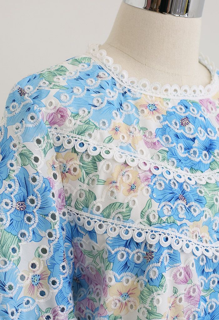 Ripple Embroidered Eyelet Floral Top in Blue - Retro, Indie and Unique ...