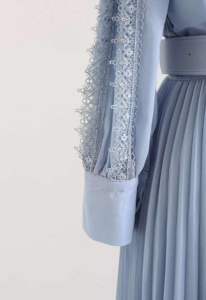 Crochet Trimmed Belted Pleated Chiffon Dress in Blue