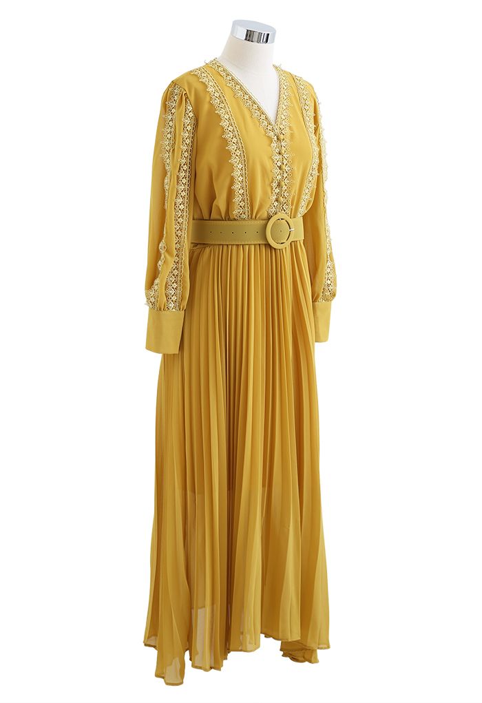 Crochet Trimmed Belted Pleated Chiffon Dress in Yellow - Retro, Indie ...