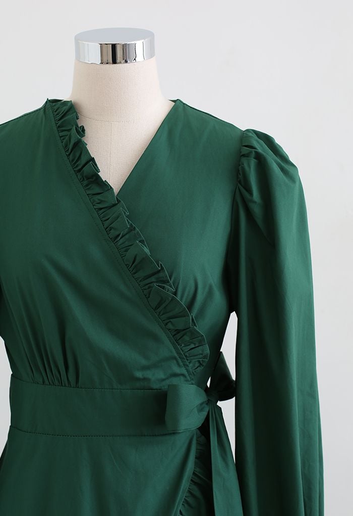 Ruffle Asymmetric Hem Wrapped Cotton Dress in Dark Green