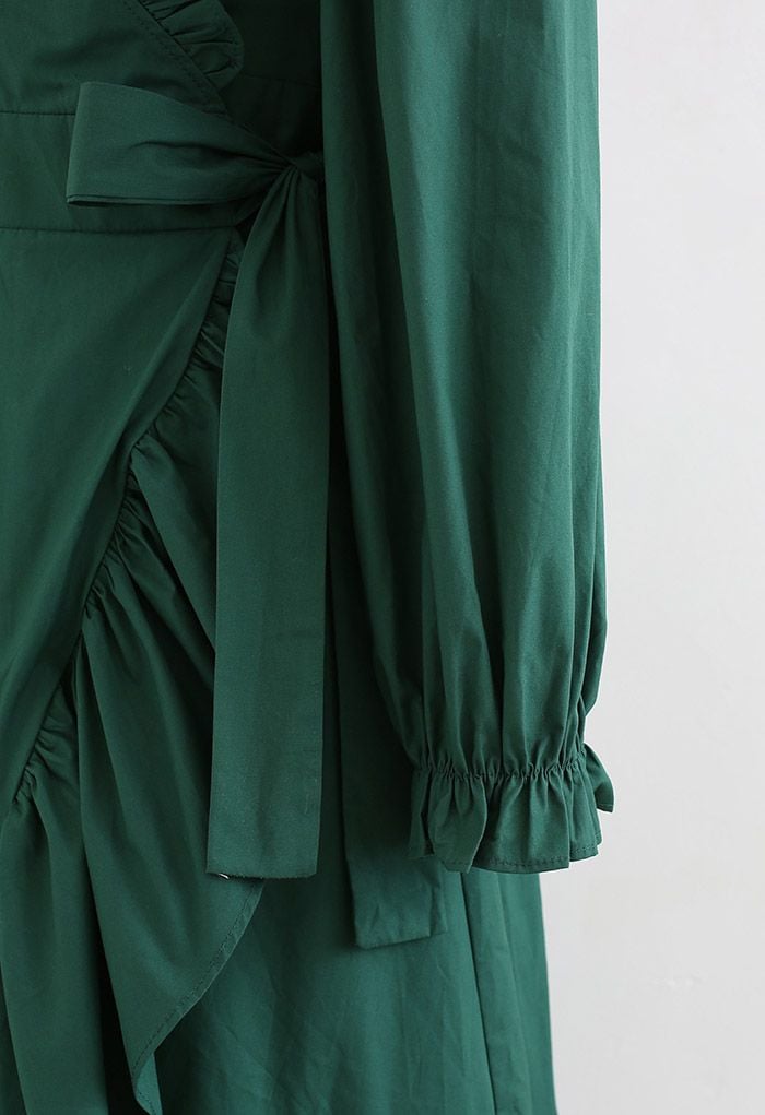 Ruffle Asymmetric Hem Wrapped Cotton Dress in Dark Green