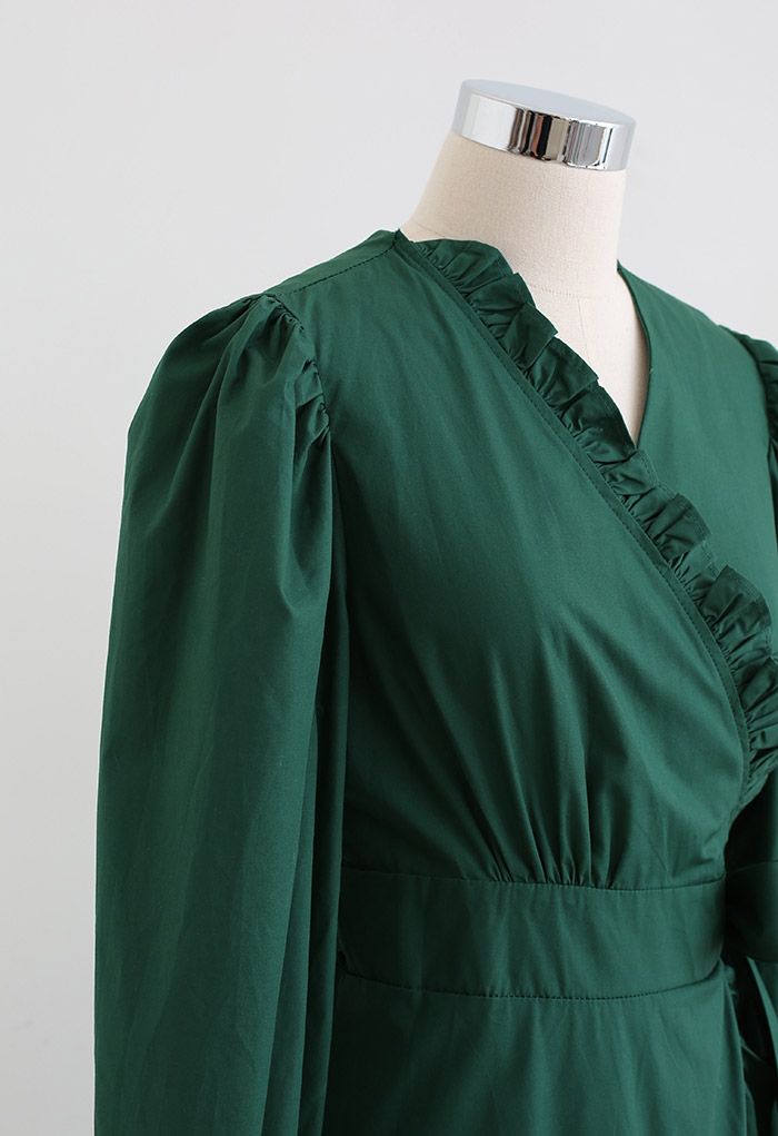 Ruffle Asymmetric Hem Wrapped Cotton Dress in Dark Green