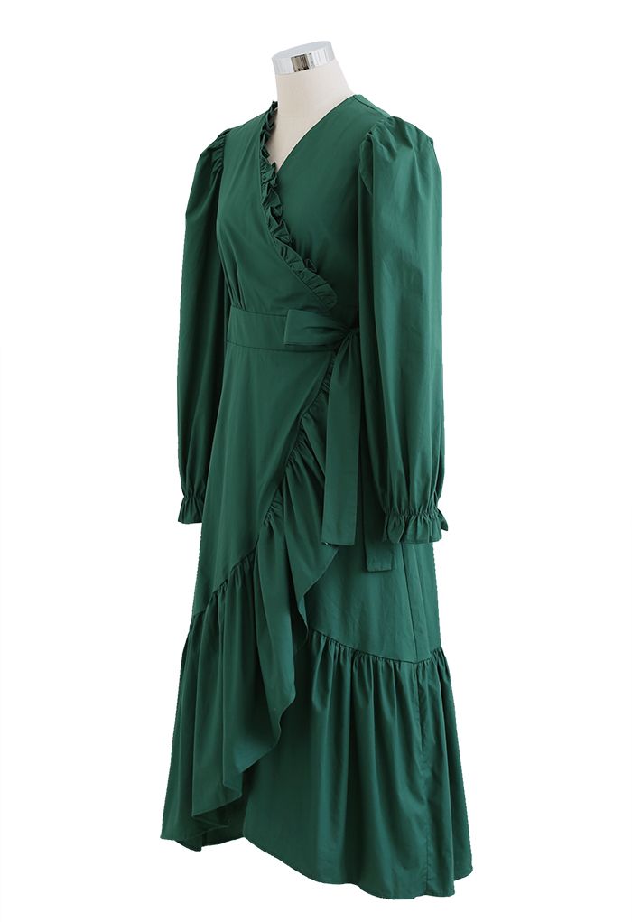 Ruffle Asymmetric Hem Wrapped Cotton Dress in Dark Green