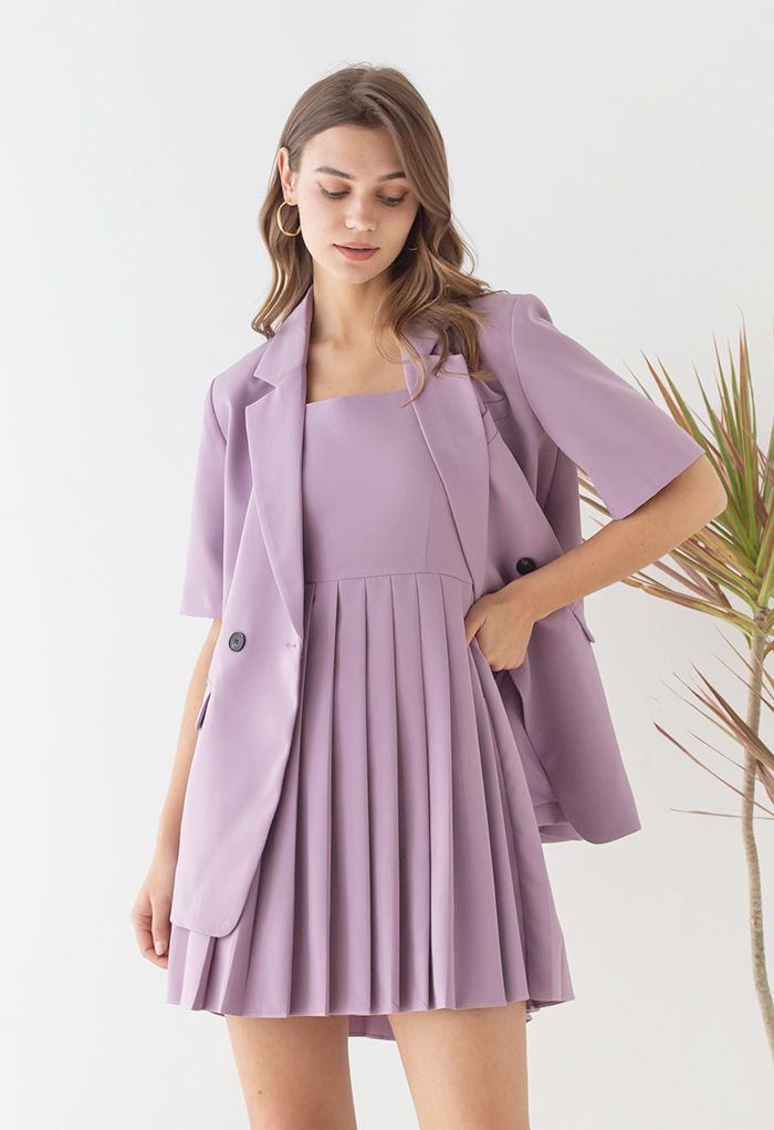 Glossy Pleated Hem Cami Dress in Lilac