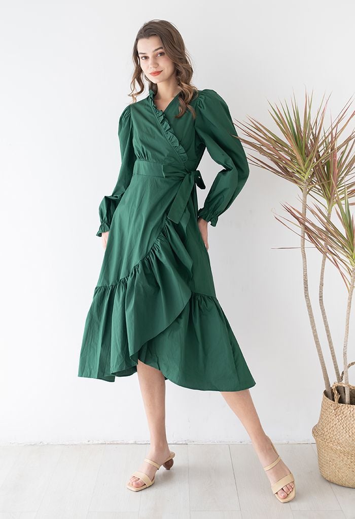 Ruffle Asymmetric Hem Wrapped Cotton Dress in Dark Green