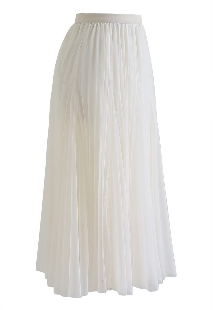 Pleated Panelled Mesh Tulle Maxi Skirt in Cream - Retro, Indie and ...