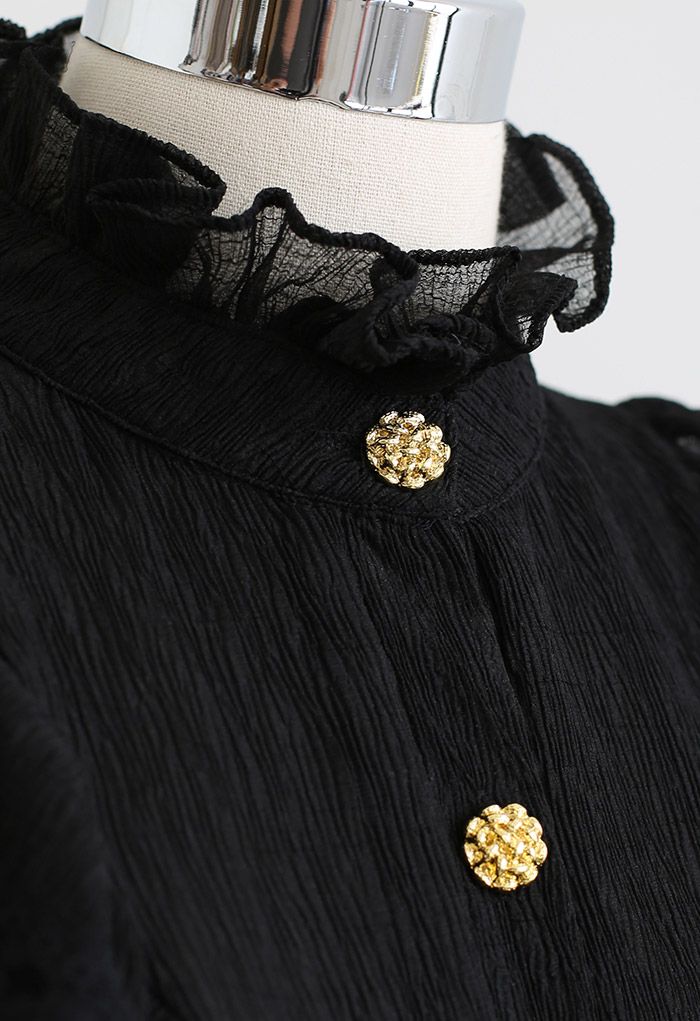 Noble Lace Ruffle Trim Textured Shirt in Black