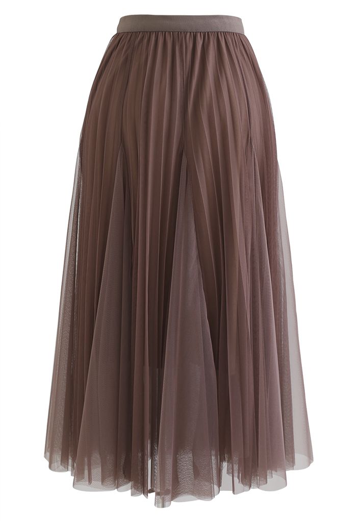 Pleated Panelled Mesh Tulle Maxi Skirt in Brown - Retro, Indie and ...