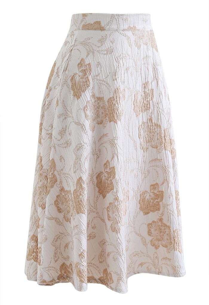 Blossom Jacquard Textured A-Line Midi Skirt in Tan - Retro, Indie and ...