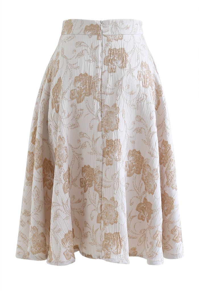 Blossom Jacquard Textured A-Line Midi Skirt in Tan - Retro, Indie and ...