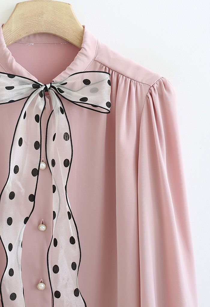 Self-Tie Dots Mesh Bowknot Satin Shirt in Pink - Retro, Indie and ...