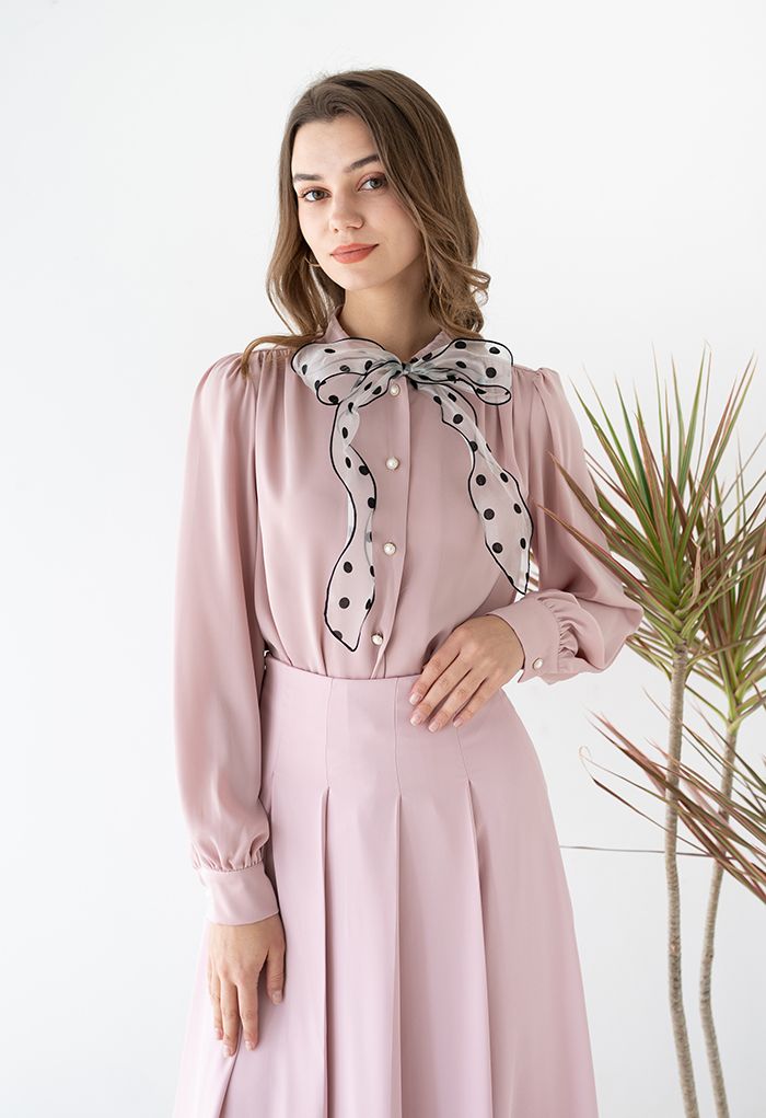 Self-Tie Dots Mesh Bowknot Satin Shirt in Pink - Retro, Indie and ...