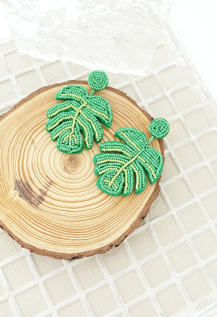 Beaded Tropical Leaf Earrings