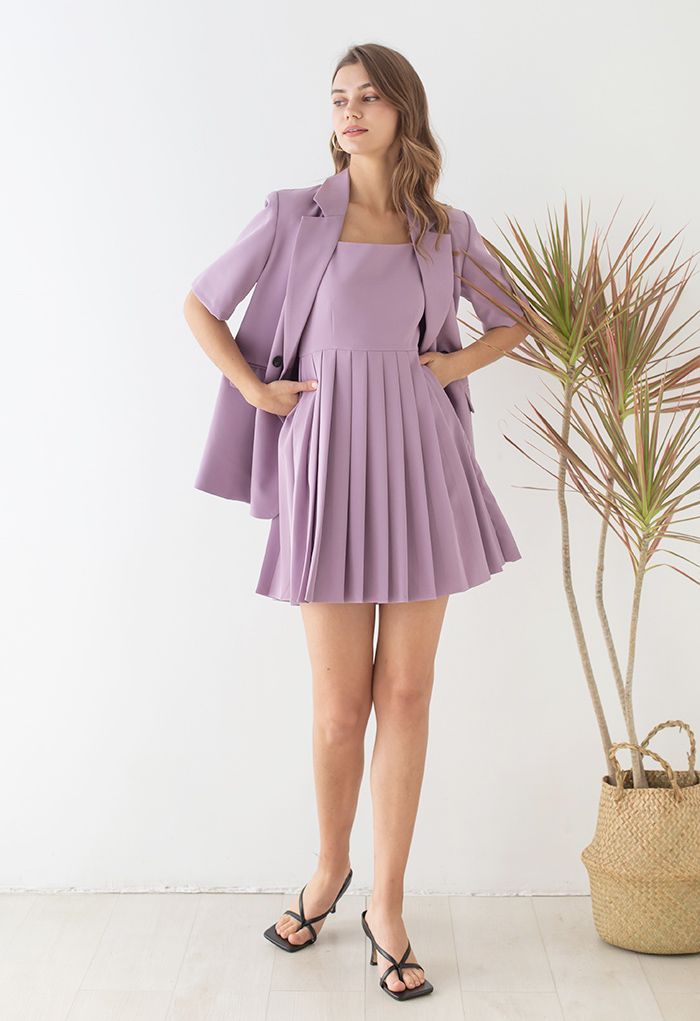 Glossy Pleated Hem Cami Dress in Lilac