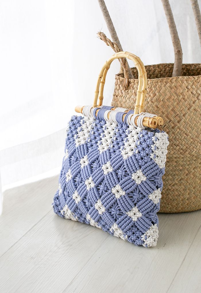 Bamboo Handle Two-Tone Woven Handbag in Blue - Retro, Indie and Unique ...