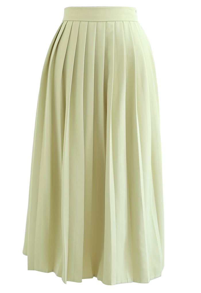 Solid Color Half Side Pleated Midi Skirt in Pistachio