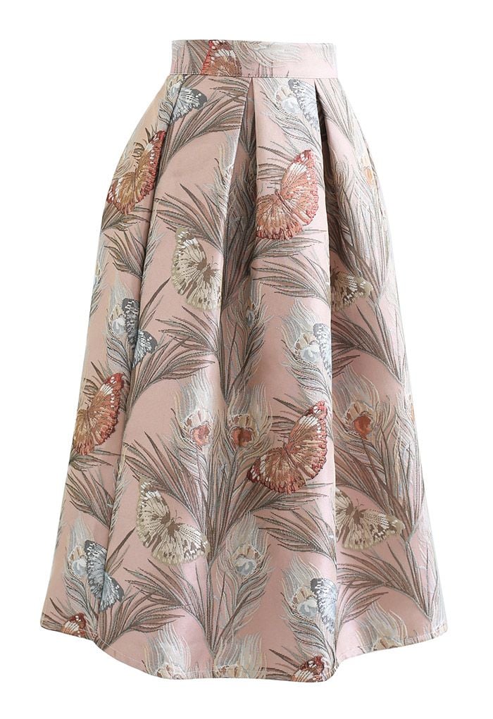 Fluttering Butterfly Jacquard Midi Skirt in Pink