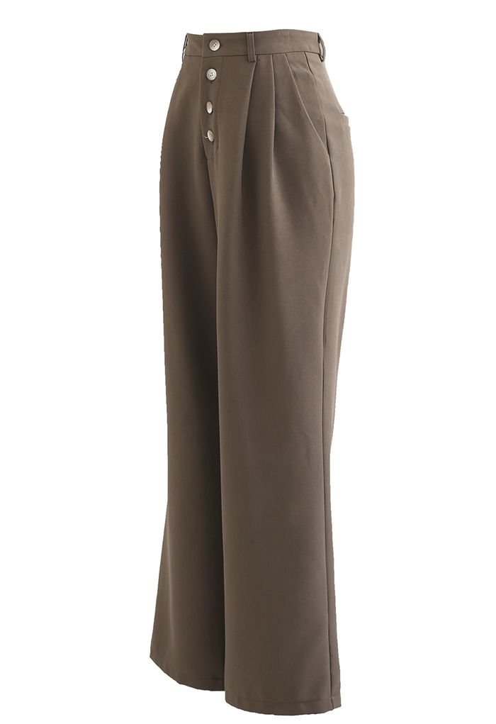 Buttons Closure Straight-Leg Pants in Brown