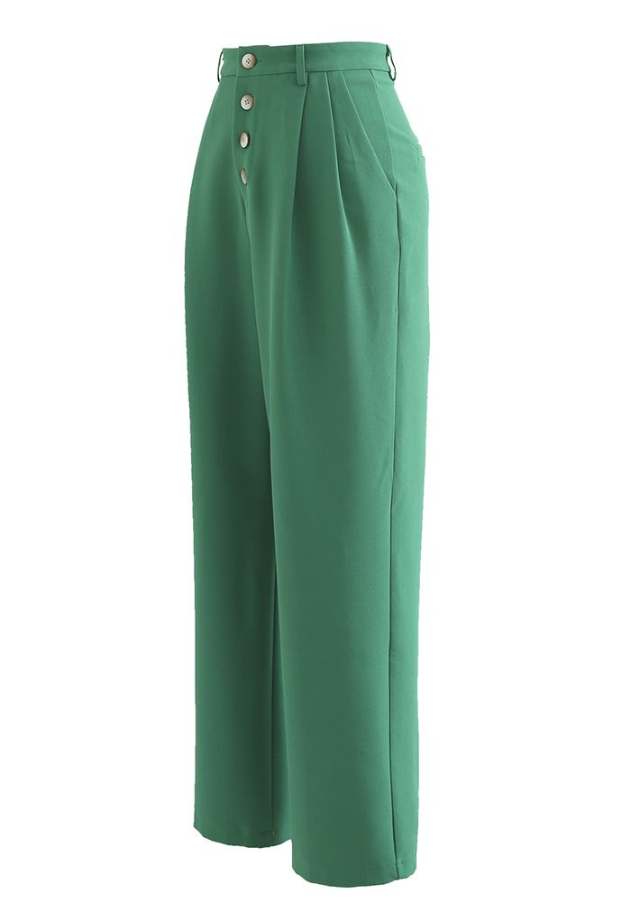 Buttons Closure Straight-Leg Pants in Green