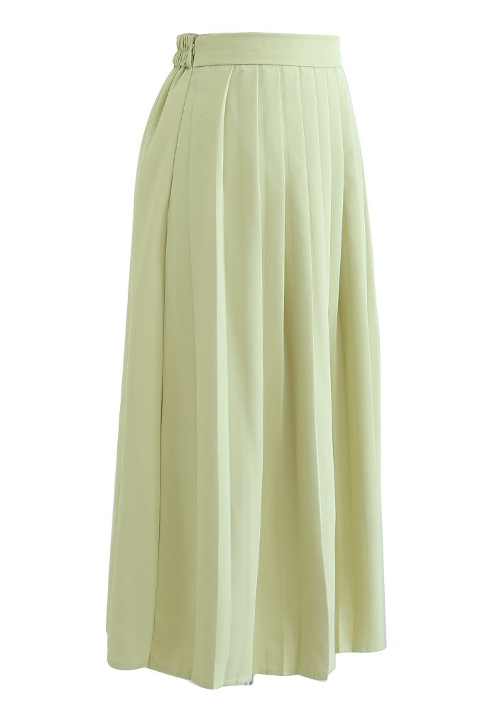 Solid Color Half Side Pleated Midi Skirt in Pistachio