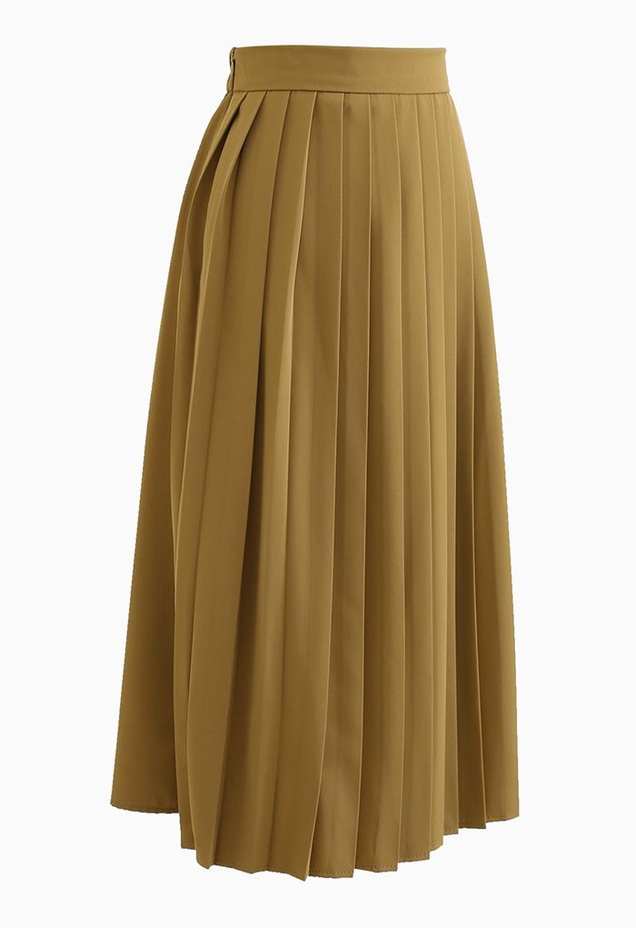 Solid Color Half Side Pleated Midi Skirt in Mustard - Retro, Indie and ...