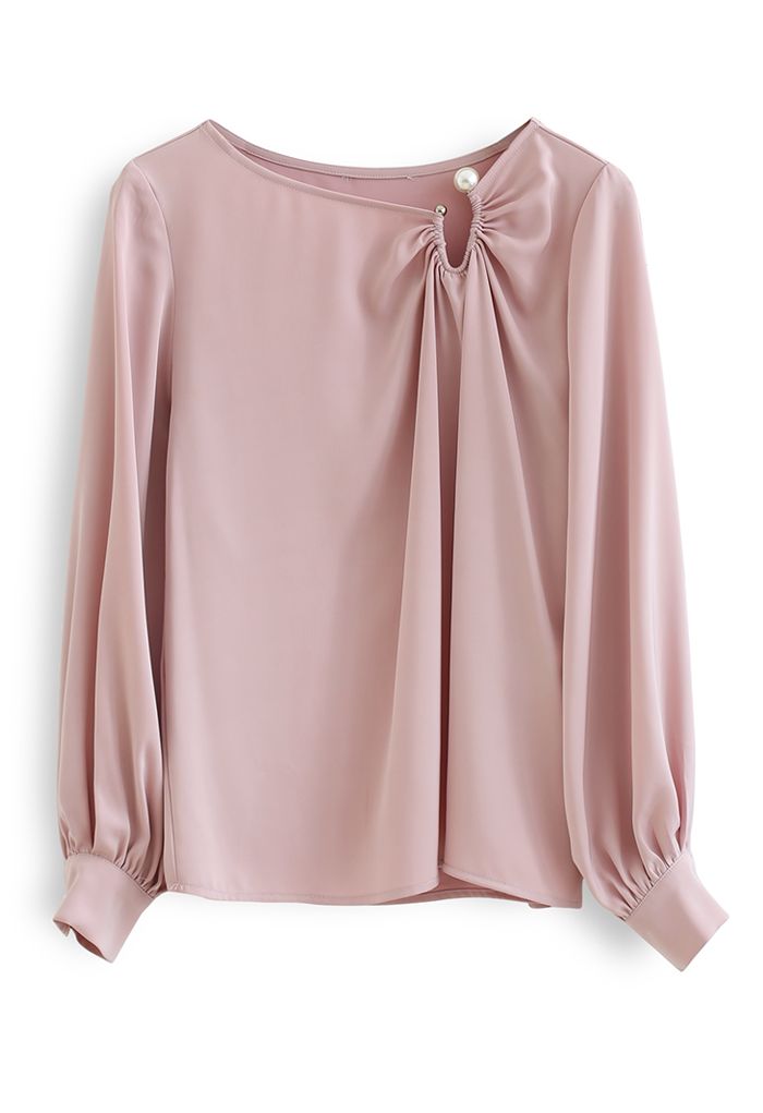 Oval Pearl Decor Cutout Satin Shirt in Pink