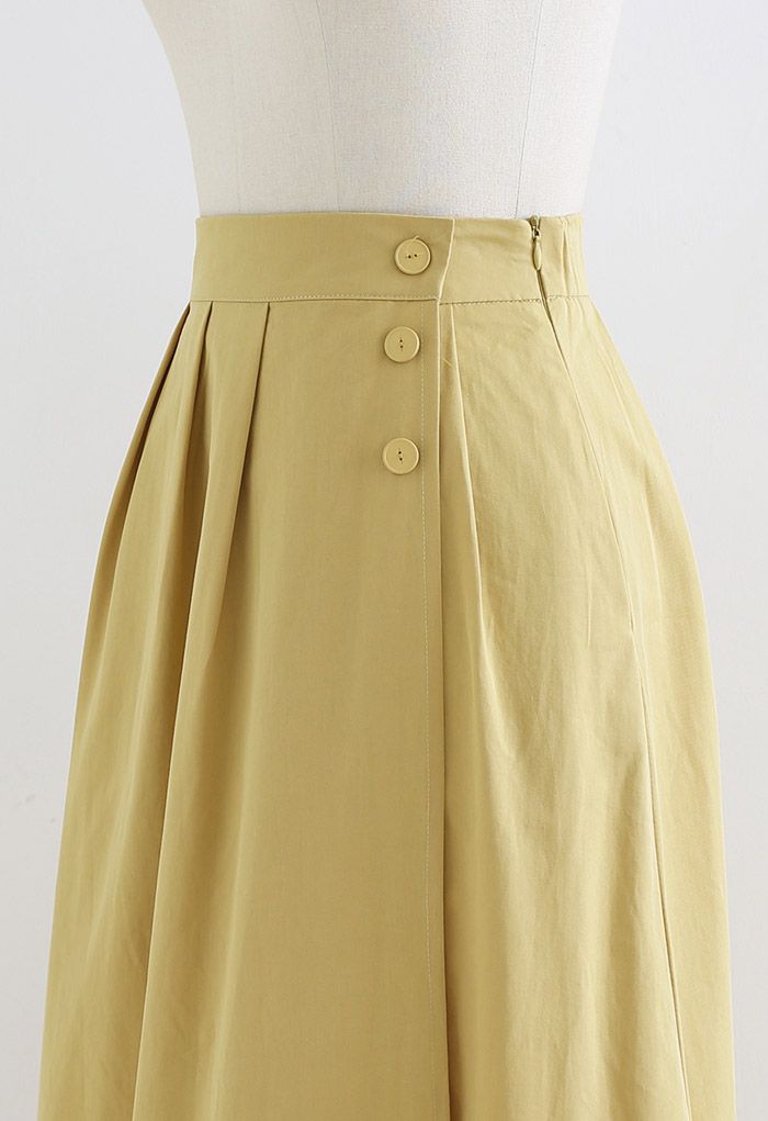 Button Trim Side Pocket Flap Midi Skirt in Mustard - Retro, Indie and ...