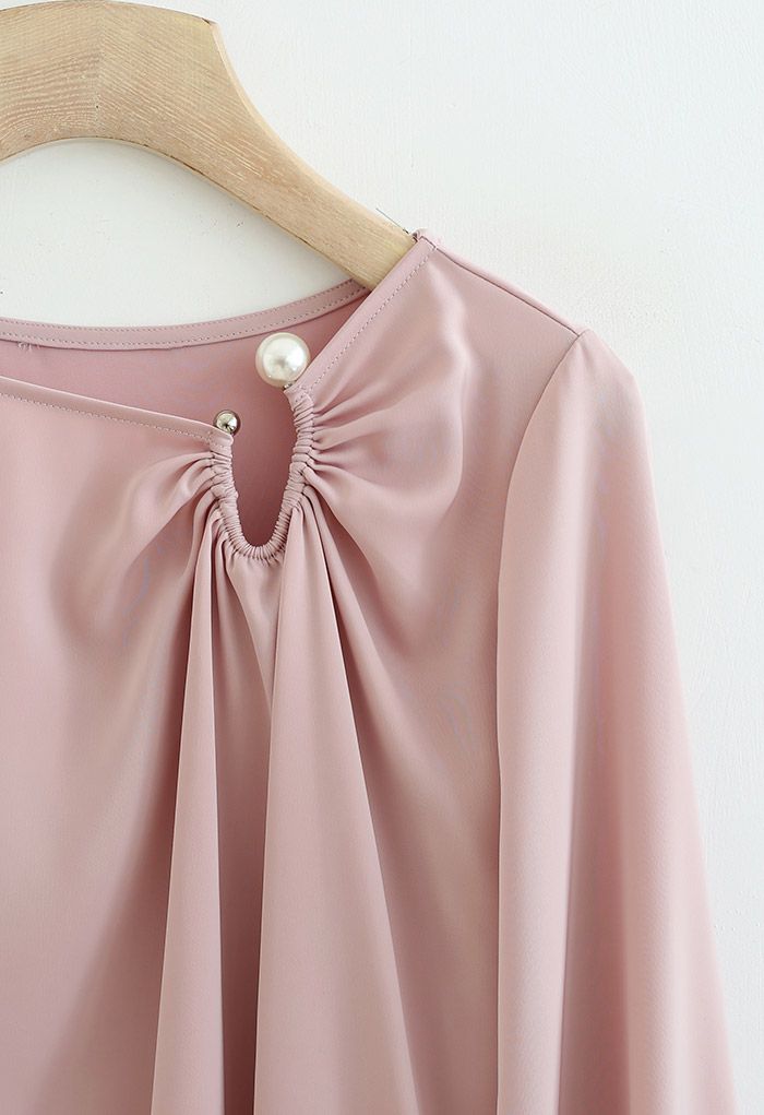 Oval Pearl Decor Cutout Satin Shirt in Pink