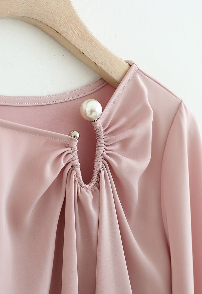 Oval Pearl Decor Cutout Satin Shirt in Pink