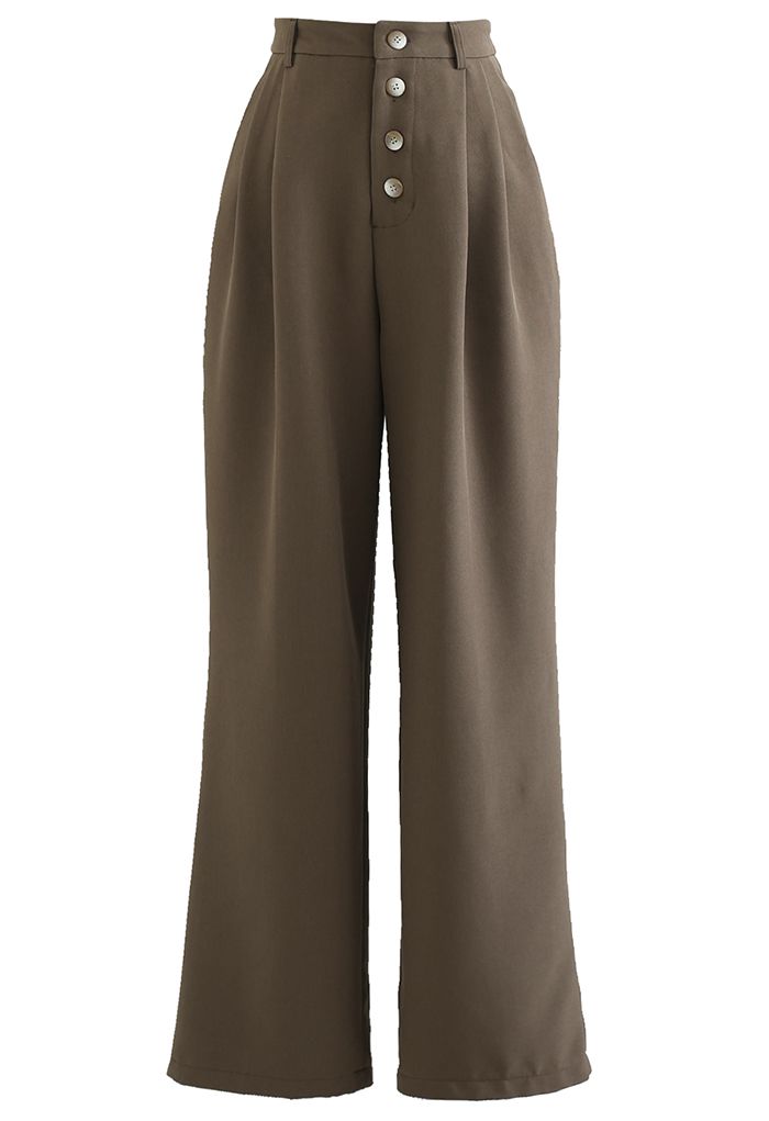 Buttons Closure Straight-Leg Pants in Brown