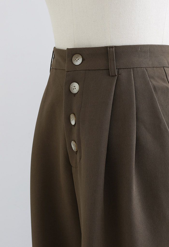 Buttons Closure Straight-Leg Pants in Brown