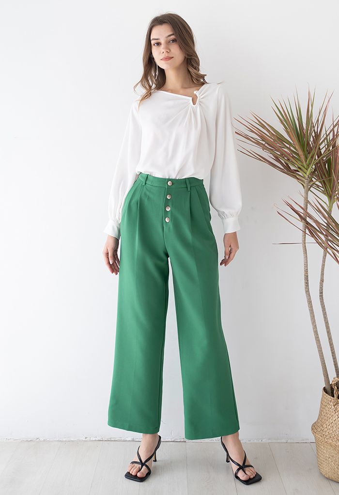 Buttons Closure Straight-Leg Pants in Green