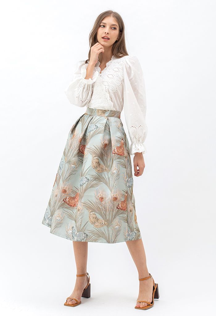 Fluttering Butterfly Jacquard Midi Skirt in Pea Green - Retro, Indie ...