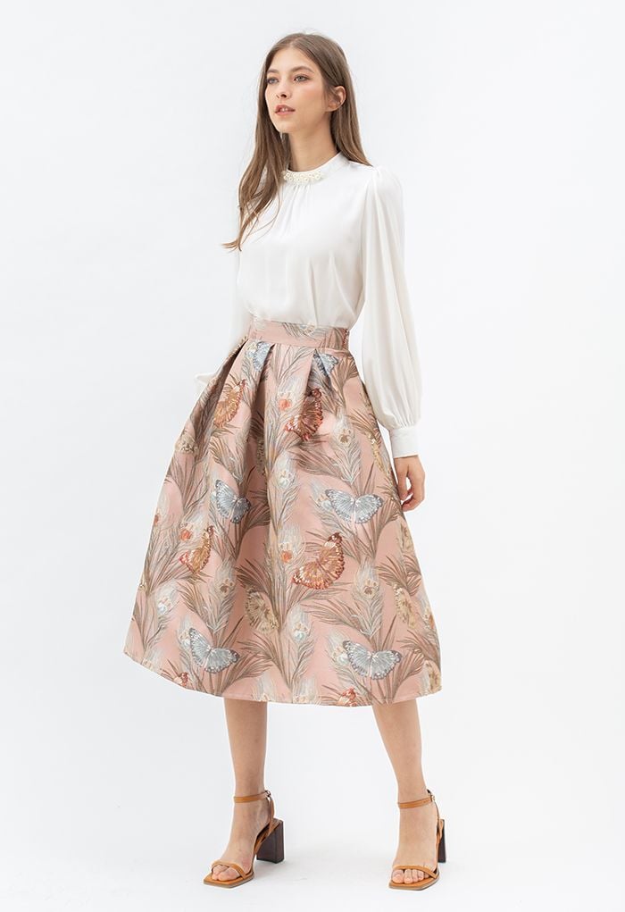 Fluttering Butterfly Jacquard Midi Skirt in Pink