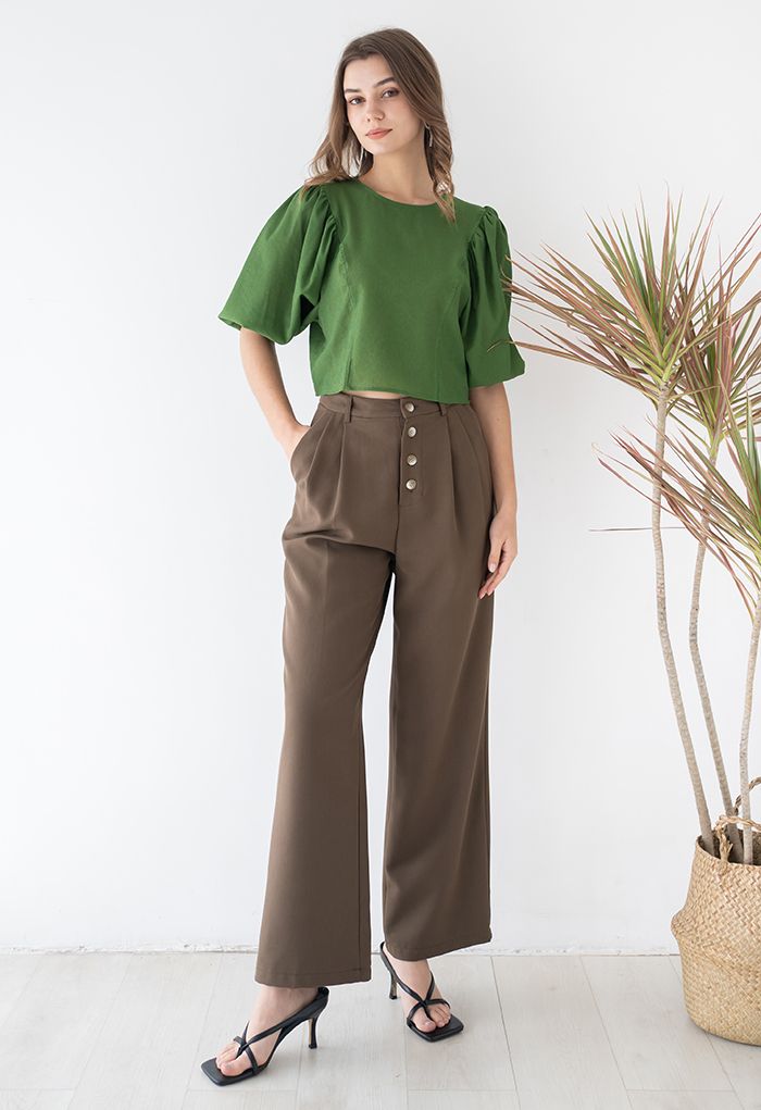 Buttons Closure Straight-Leg Pants in Brown