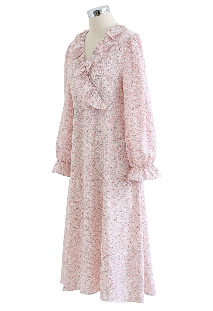 Ditsy Floral Ruffle V-Neck Midi Dress in Pink - Retro, Indie and Unique ...