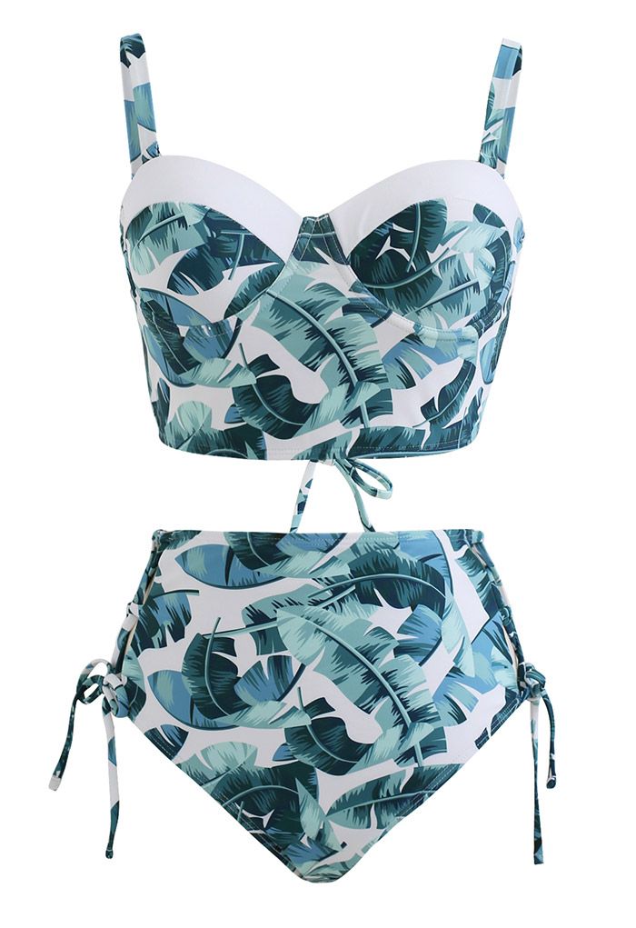 Leaf Print Lace-Up Back Bikini Set - Retro, Indie and Unique Fashion