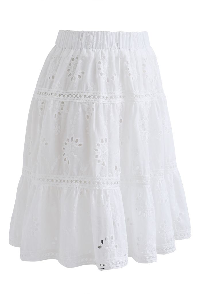 Floral Eyelet Ruffle Hem Mini Skirt in White - Retro, Indie and Unique ...