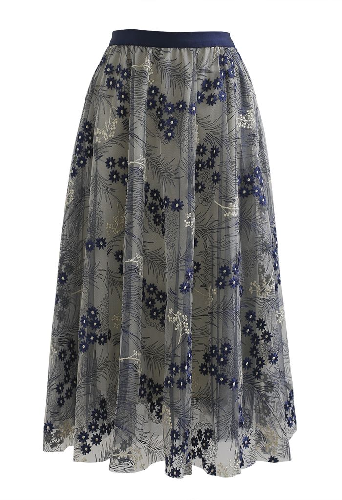 Divine Daisy Embroidered Mesh Tulle Skirt in Navy - Retro, Indie and ...