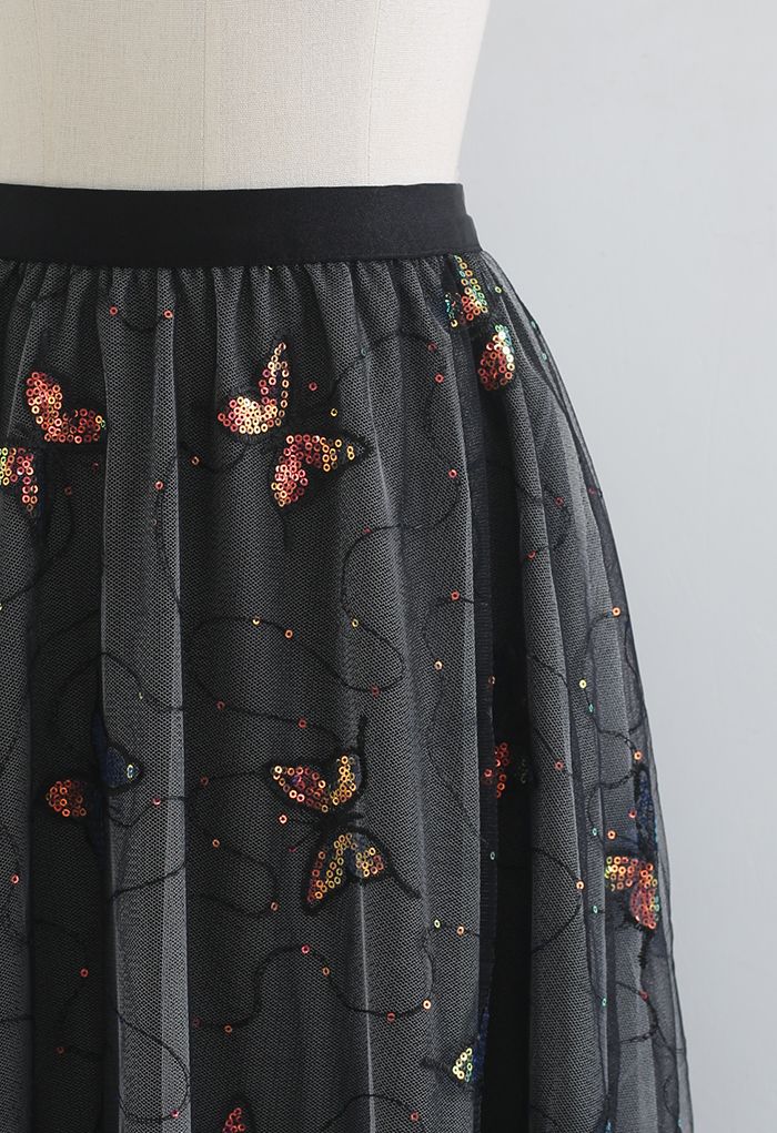 Sequin Butterfly Embroidered Mesh Tulle Skirt in Black